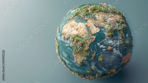 Floral earth  lush green planet adorned with blooming flowers set against a serene blue backdrop