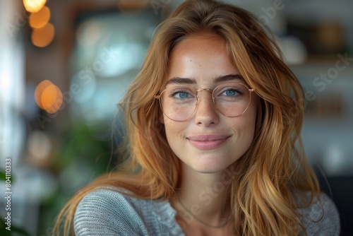 Stylish young lady with wavy hair and glasses exhibits a casual, effortless beauty in an ambient cafe