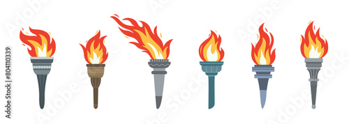 Vector burning flame torches set icons isolated on white background. Sport flat style games victory symbols collections. Winner abstract sign