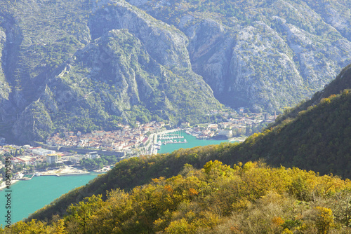 View of the Montenegrin city of Kotor from above - overview from the top of St. Elijah on Mount Vrmac. Landscape from hiking in Montenegro.