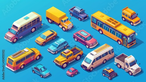 The transport banner includes isometric illustrations of cars, trucks, and buses. The modern horizontal poster consists of flat graphics of vehicles on blue backgrounds such as passenger vehicles,