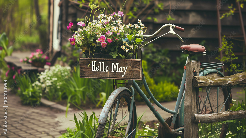 A rustic wooden sign adorned with cheerful flowers, bearing the message Hello May. Ai generated