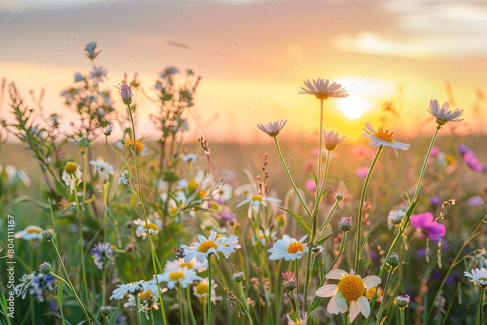 Tranquil Sunset Meadow: Wild Flowers in Pastel Serenity