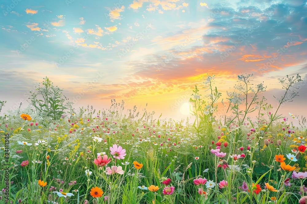 Tranquil Meadow: Pastel Sunset Over Wild Summer Flowers
