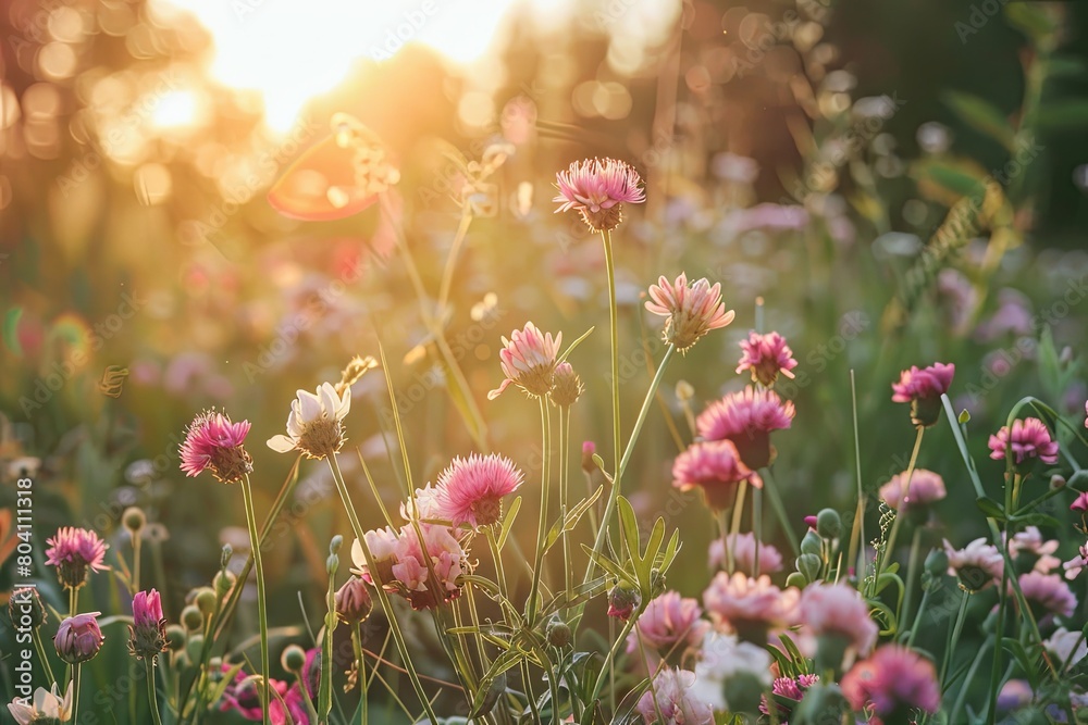 Sunset Bliss: Pink Wildflowers in Full Bloom - Idyllic Rural Scene Sunset Bliss: Pink Wildflowers in Full Bloom - Idyllic Rural Scene