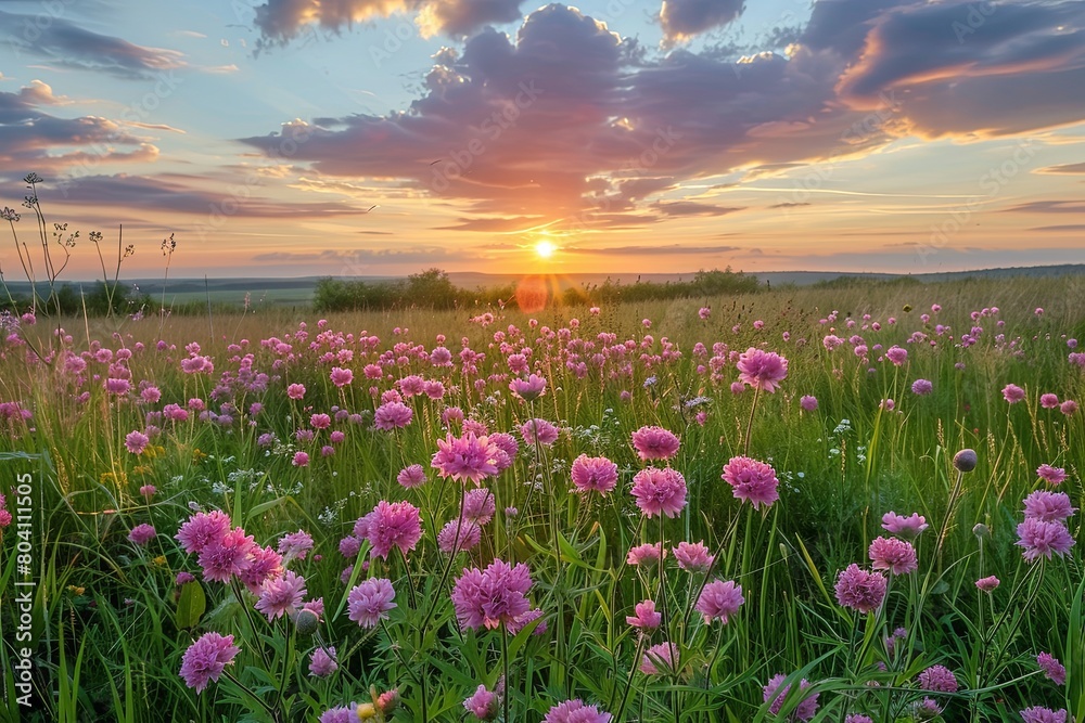 Springtime Splendor: Panoramic Pink Wildflowers at Sunset on Uncultivated Land