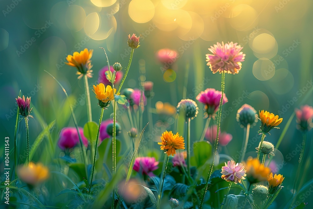 Dusk Daisies: Panoramic Meadow Serenity with Soft Bokeh Lights Dusk Daisies: Panoramic Meadow Serenity with Soft Bokeh Lights