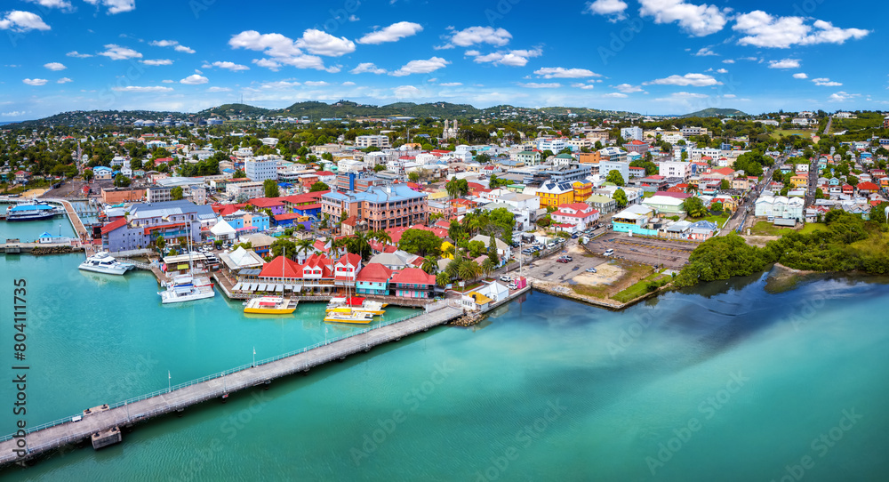 Panoramic aerial view of St. Johns, capital city of Antigua and Barbuda island, Caribbean Sea, with Redcliffe and Heritage Quay