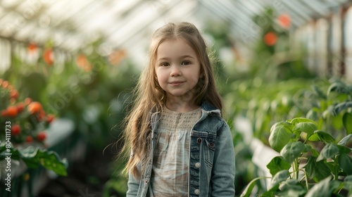 Young girl exploring a greenhouse, vibrant spring flowers. Celebrating Spring and Environmental Awareness.