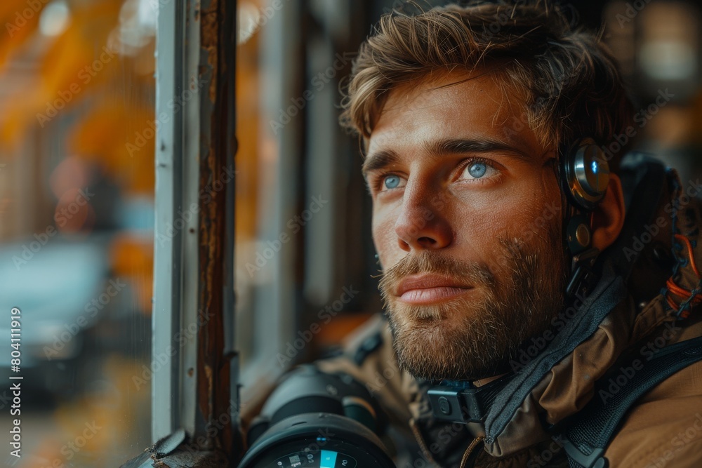 A young rugged man with a headset peers out of a rain-streaked window, deep in thought A young rugged man with a headset peers out of a rain-streaked window, deep in thought