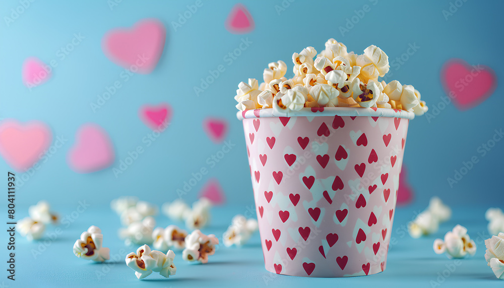 Bucket of popcorn with hearts decor on blue background. Valentine's Day celebration Bucket of popcorn with hearts decor on blue background. Valentine's Day celebration