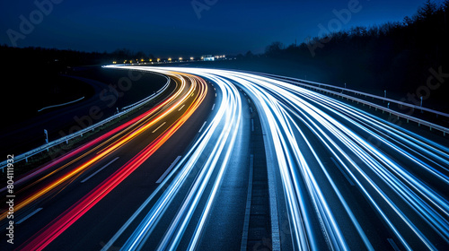 a highway with a car light trails on the road