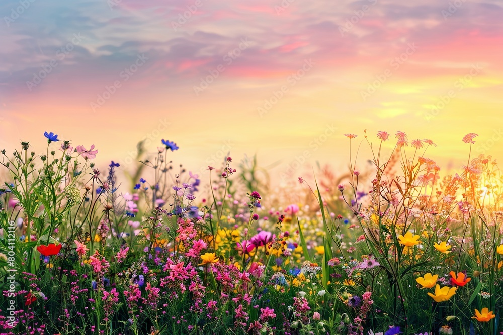 Wild Flowers Panorama: Vibrant Meadow under Pastel Summer Sunset Sky