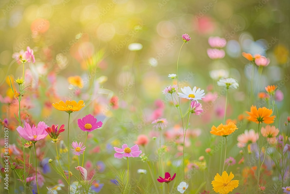 Tranquil Meadow Bliss: Wild Flowers Uncultivated Landscape Soft Focus Summer Hues