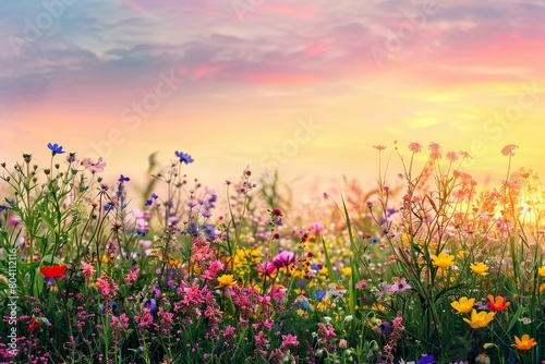Wild Flowers Panorama  Vibrant Meadow under Pastel Summer Sunset Sky