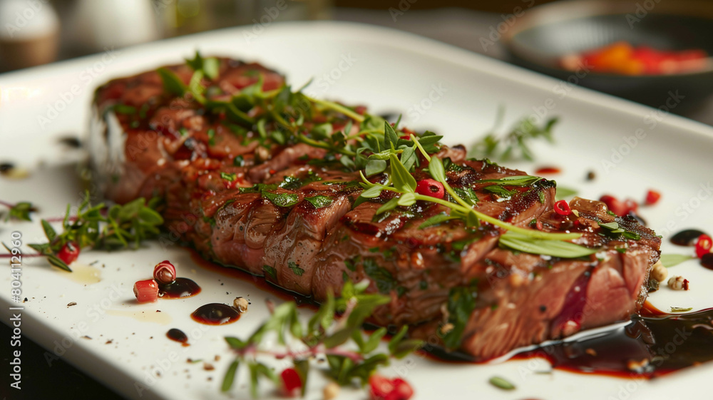 A succulent beef grill steak seared to perfection, adorned with fresh herbs and spices, presented on a minimalist white platter, food photograph. Ai generated A succulent beef grill steak seared to perfection, adorned with fresh herbs and spices, presented on a minimalist white platter, food photograph. Ai generated