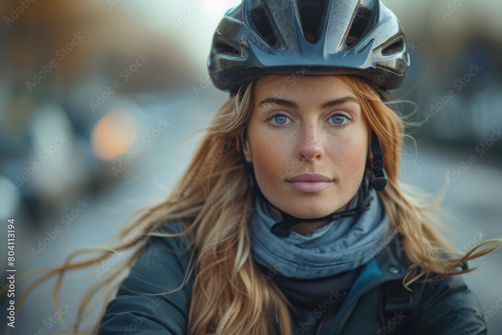 Focused young woman in bike helmet amid an urban backdrop Focused young woman in bike helmet amid an urban backdrop