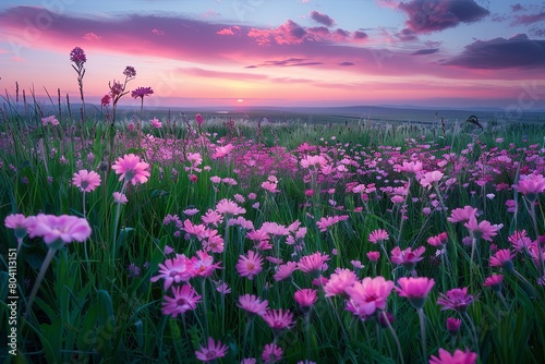 Twilight Panorama: Pink Wildflowers in Serene Nature Field