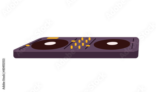 Black DJ controller perspective. Turntable with buttons, vinyl. Equipment for disc jockeys. Mixing console, mixer to play disco, techno, electro music. Flat isolated vector illustration on white