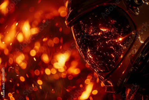 This stunning image features a close-up view of a motorcycle helmet  illuminated by the vibrant  fiery sparks of a forge or welding work in the background.