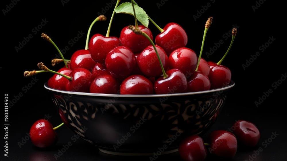 Bowl with sweet cherries on black background. Bowl with sweet cherries on black background.