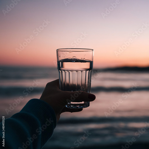 a holding a glass of water glass of water with a backdrop of an ocean sunset © Mind's Eye Captures