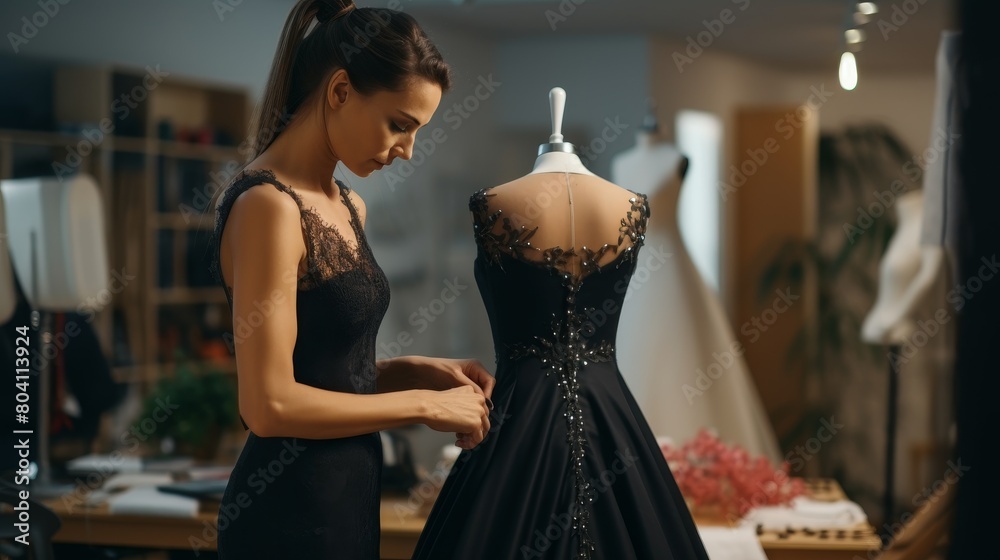 Naklejka premium Female Entrepreneur Crafting Custom Tailor-Made Solutions. Personalized Designs, Customer-Focused Service in a Fashion Workshop. Customised Business Solutions