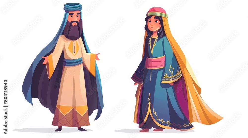 Various Arab men and women wearing traditional clothing and headgear. Isolated trendy arabic men and women. Islamic culture and fashion concept. Cartoon linear flat modern illustration.