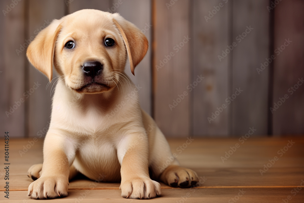 Labrador puppy on the background on wooden boards, copy space.