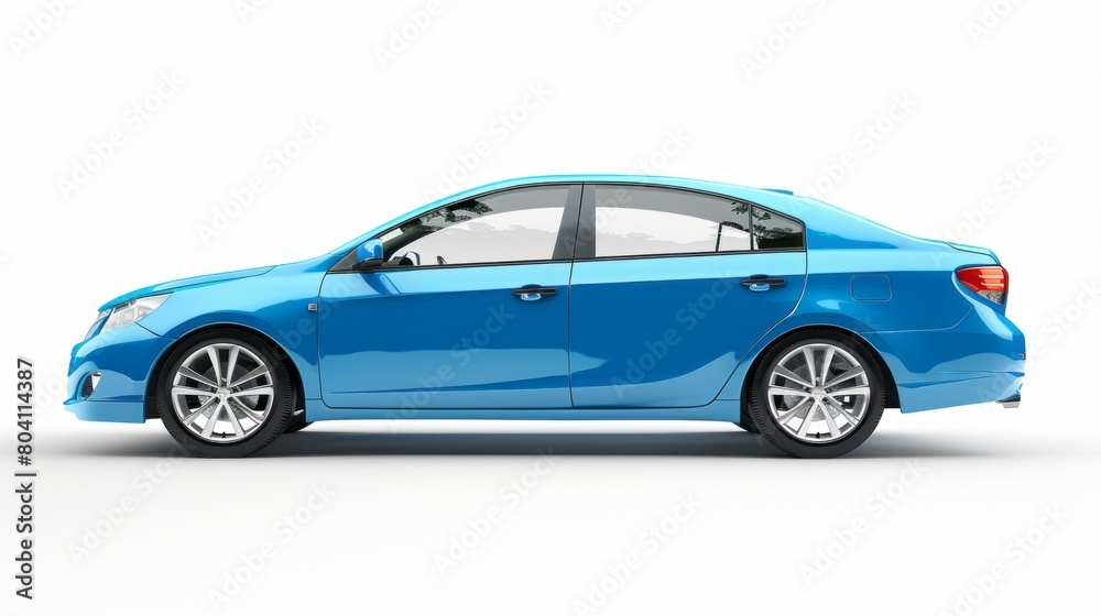 A blue car is parked on a white background