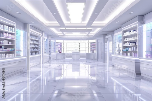 A large empty pharmacy with white walls and floors