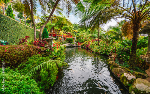 Monte Palace, Tropical Garden with Waterfalls, Lakes and traditional buildings above the city of Funchal