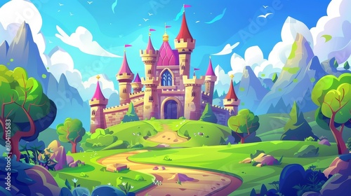 In a green valley surrounded by mountains under a blue sky is a fairy tale castle surrounded by natural landscape. Cartoon modern illustration of a castle in a medieval royal palace in a natural