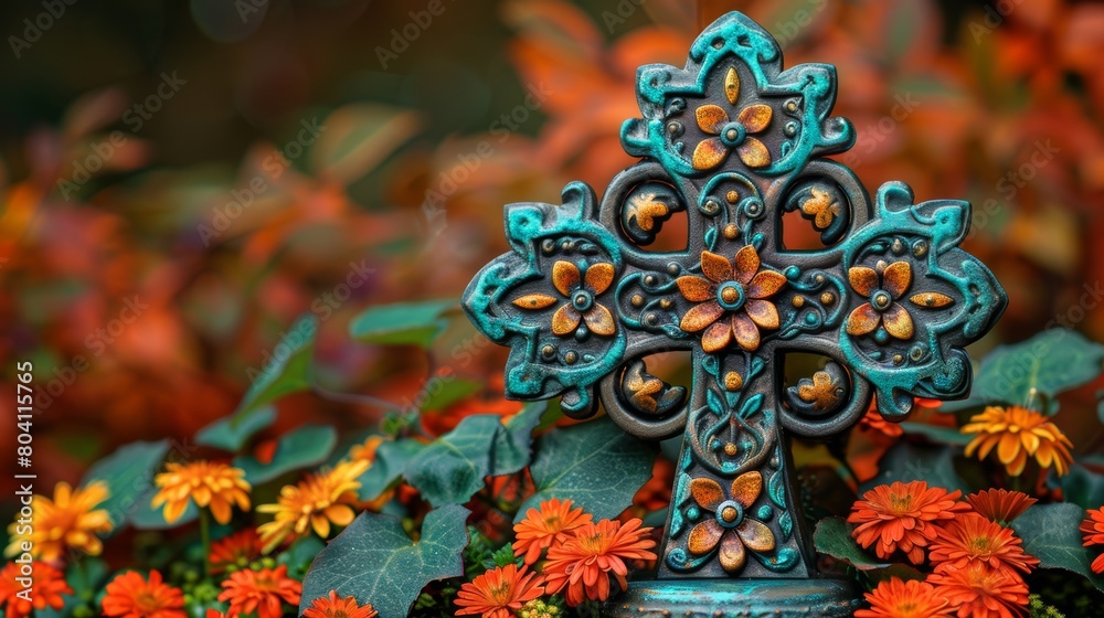 Christian cross adorned with floral vines embodies harmony and connection to nature