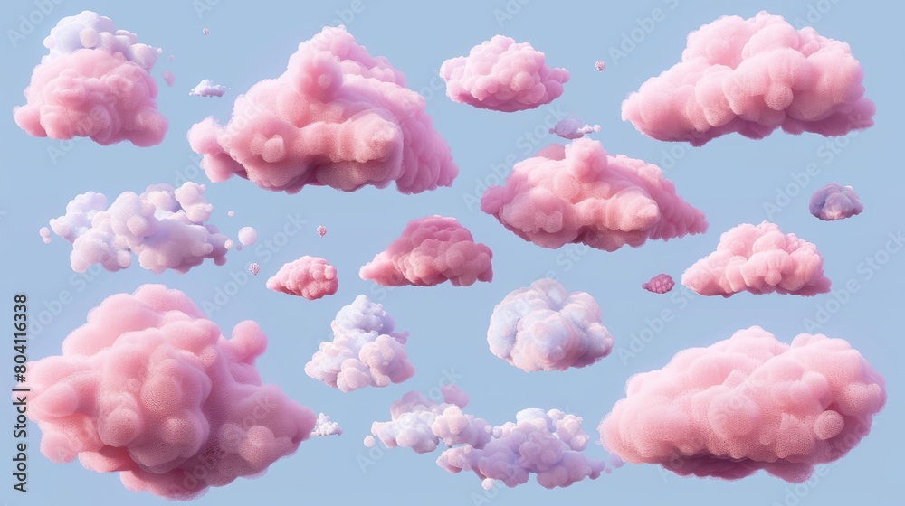 Pink clouds, fluffy spindrift or cumulus eddies in 3D. Flying weather and nature design elements balloons isolated on transparent background. Cartoon plastic style illustration.