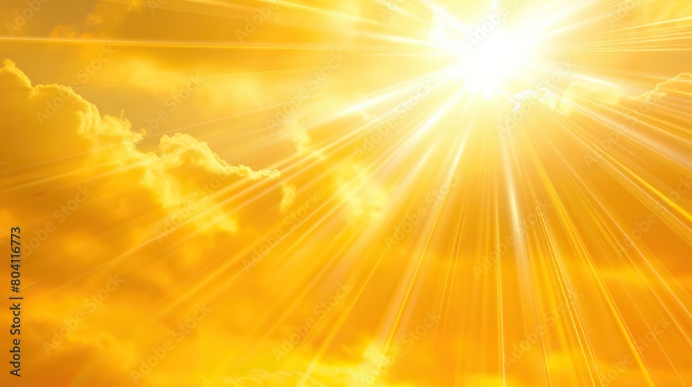 bright yellow sun shining through white clouds. The sun's rays are extending in all directions. bright yellow sun shining through white clouds. The sun's rays are extending in all directions.
