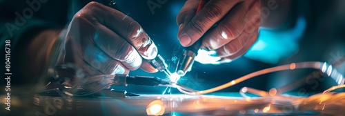 close - up of a technician splicing fiber optic cables with precision tools, illuminated by a blue light, with a blurry hand and finger visible in the foreground photo