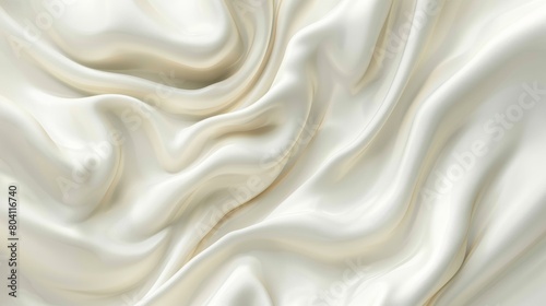 3D illustration of a white cosmetic cream, sunscreen, milk, or yogurt surface with ripples and waves. Background with liquid dairy product splashes or smooth satin drapery. Abstract background with