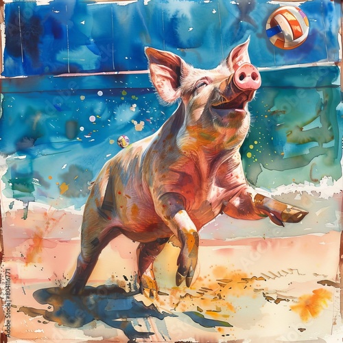 A watercolor painting of a pig playing volleyball on the beach