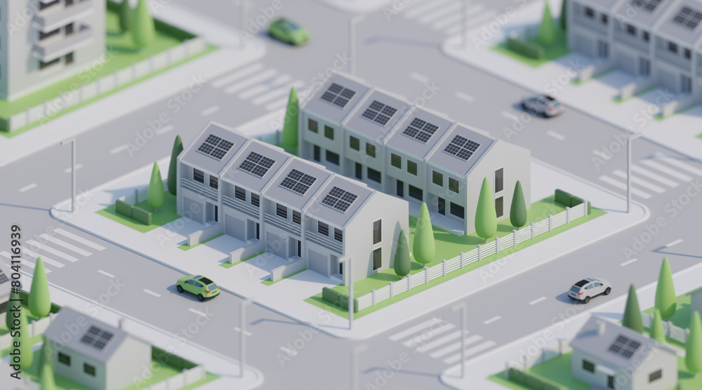 3D isometric miltifamily house with solar panels 3D isometric miltifamily house with solar panels