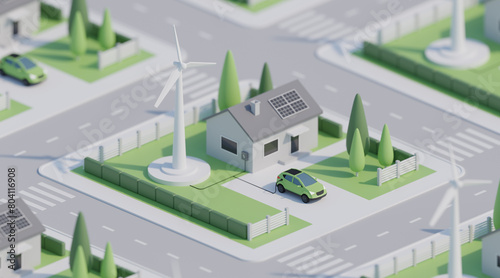 3D isometric green house with solar panels, electric car and wind turbine