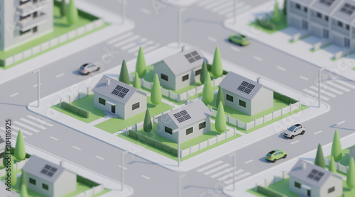 3D isometric houses with solar panels