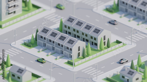 3D isometric miltifamily house with solar panels