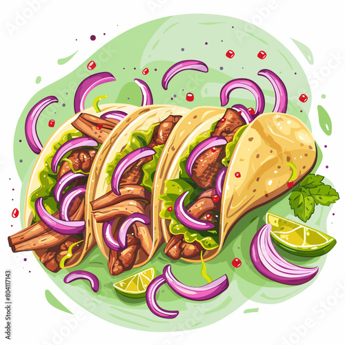 Three tacos with onions and lime on a green background