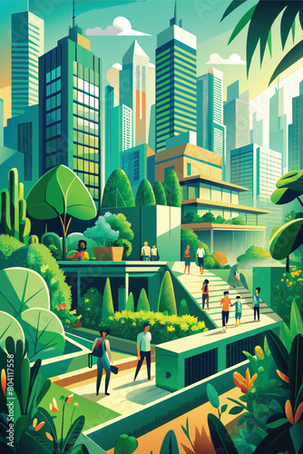 Vibrant Urban Park Scene with City Skyline and People Enjoying Outdoors