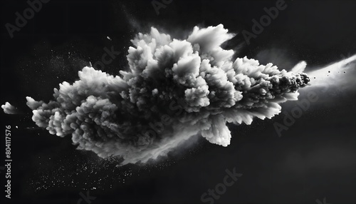 Black chalk pieces and dust flying, effect explode isolated on white
