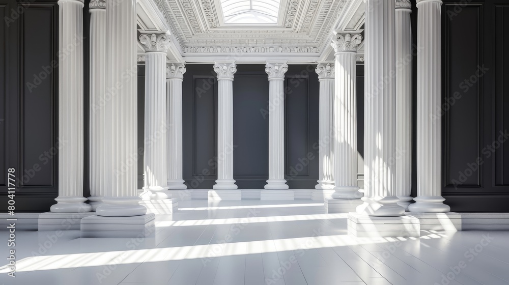 An empty gallery hall with inclined columns, black walls, and a backlight. A modern interior hallway for a house, office, or museum. Modern illustration of a realistic interior hallway of a house,
