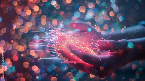 hands holding a bundle of fiber optic cables against a glowing grid background