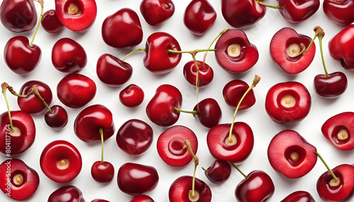 Cherry fruit halves and a pit in a row, flat lay isolated on white background