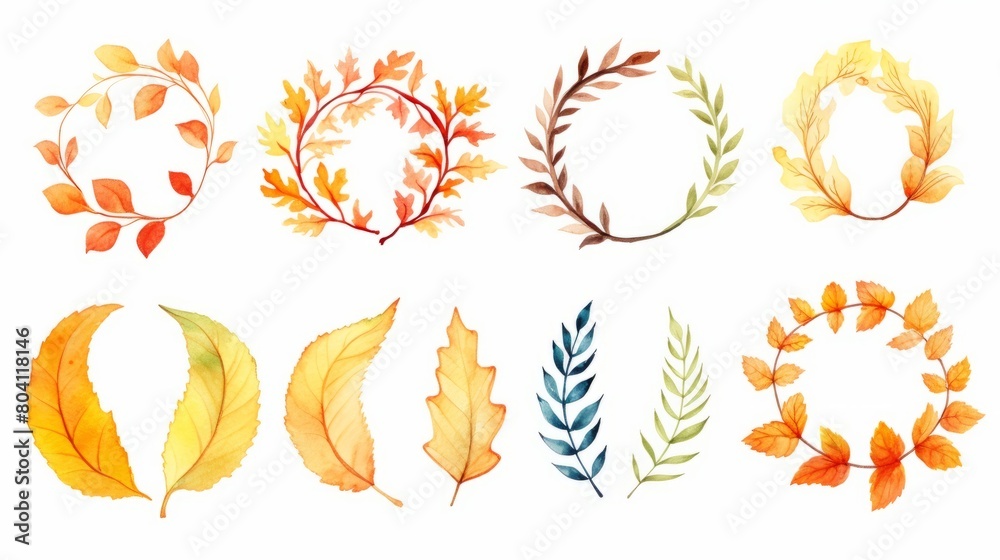 Wreath of colorful autumn fall leaves isolated on white background. Watercolour illustration with place for save date, text, photo. Fall, autumn, Thanksgiving